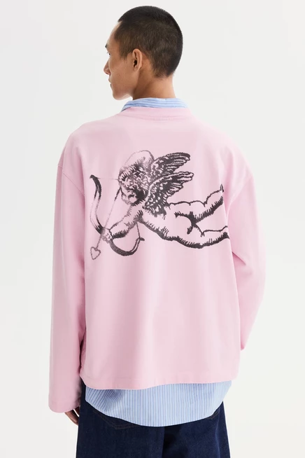 Мужская футболка H&M с длинным рукавом, розовая с принтом «no love just fire»