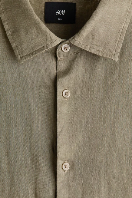 Мужская льняная рубашка H&M Slim Fit, хаки