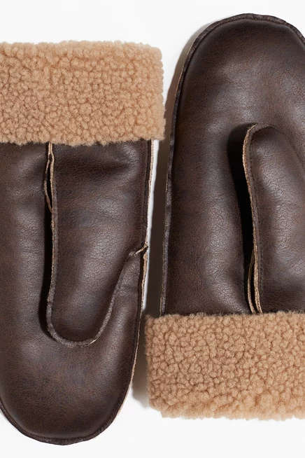 Мужские варежки H&M с меховой подкладкой, тёмно-коричневые