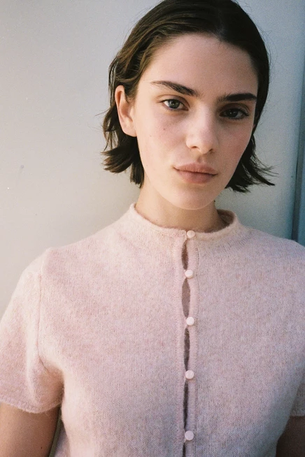 Short-Sleeved Fine-Knit Cardigan light pink