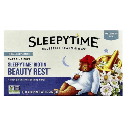 Celestial Seasonings, SleepyTime® Biotin Beauty Rest, без кофеина, 18 чайных пакетиков, 21 г (0,75 унции)