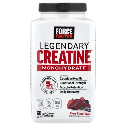 Force Factor, Legendary, моногидрат креатина, ягодный взрыв, 60 жевательных таблеток (2,5 г в одной жевательной таблетке)