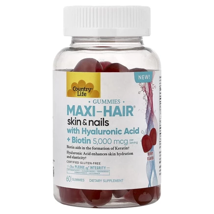 Country Life, Maxi-Hair®, жевательные таблетки для кожи и ногтей, с гиалуроновой кислотой и биотином, со вкусом ягод, 60 жевательных таблеток
