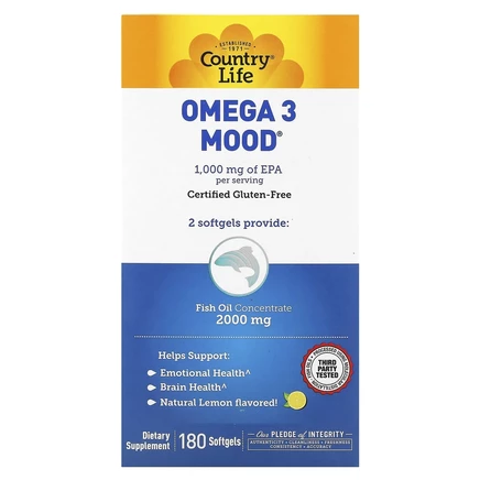 Country Life, Omega 3 Mood, с натуральным вкусом лимона, 180 мягких желатиновых капсул