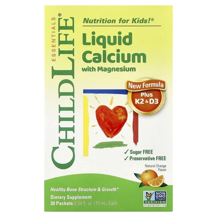 ChildLife Essentials, жидкий кальций с магнием плюс витамины K2 и D3, натуральный апельсин, 30 пакетиков, 10 мл (0,34 жидк. унции)
