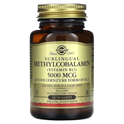 Solgar, Сублингвальный метилкобаламин (витамин B12), 5000 мкг, 60 капсул