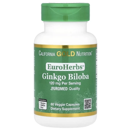California Gold Nutrition, EuroHerbs, экстракт гинкго билоба, качество Euromed, 120 мг, 60 растительных капсул