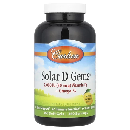 Carlson, Solar D Gems, витамин D3 + омега-3 кислоты, натуральный лимонный вкус, 2000 МЕ, 360 мягких таблеток