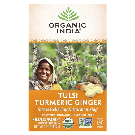 Organic India, чай тулси, куркума и имбирь, без кофеина, 18 чайных пакетиков, 34,2 г (1,2 унции)