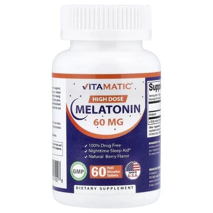 Vitamatic, высокая доза мелатонина, со вкусом натуральных ягод, 60 мг, 60 быстрорастворимых таблеток