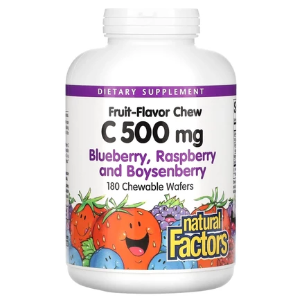 Natural Factors, жевательные таблетки с витамином C, со вкусом фруктов, голубика, малина и бойзенова ягода, 500 мг, 180 жевательных таблеток