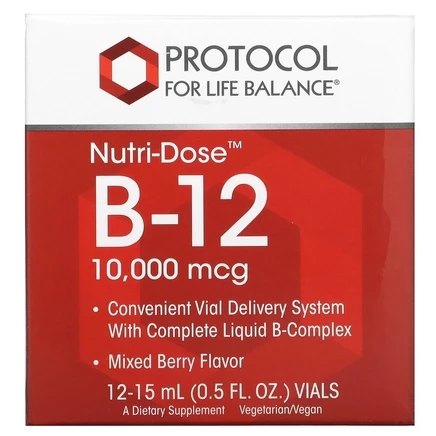 Protocol for Life Balance, Nutri-Dose B-12, ягодное ассорти, 10 000 мкг, 12 флаконов по 15 мл (0,5 жидк. унц.)