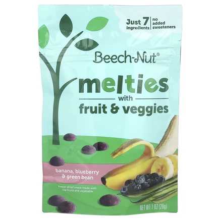 Beech-Nut, Melties с фруктами и овощами, бананом, голубикой и зеленой фасолью, 28 г (1 унция)