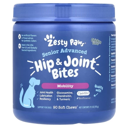Zesty Paws, Senior Advanced, Bites, добавка для бедер и суставов, со вкусом курицы, 90 жевательных таблеток, 315 г (11,1 унции)