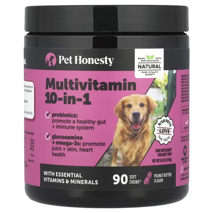 Pet Honesty, Мультивитамины 10 в 1, для взрослых собак, арахисовая паста, 90 жевательных таблеток, 270 г (9,5 унции)