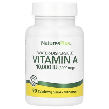 NaturesPlus, водно-диспергируемый витамин А, 10 000 МЕ (3 000 мкг), 90 таблеток