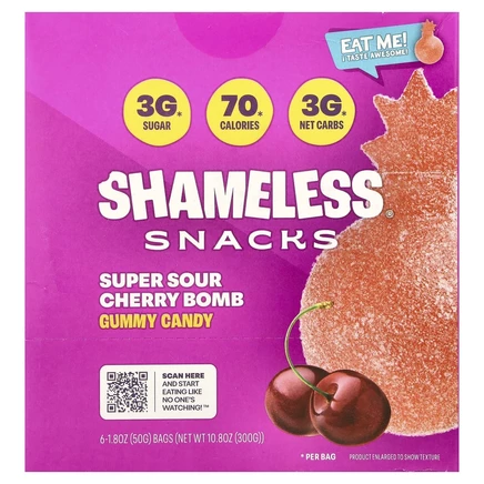Shameless Snacks, суперкислая жевательная конфета, со вкусом вишни, 6 пакетиков по 50 г (1,8 унции)