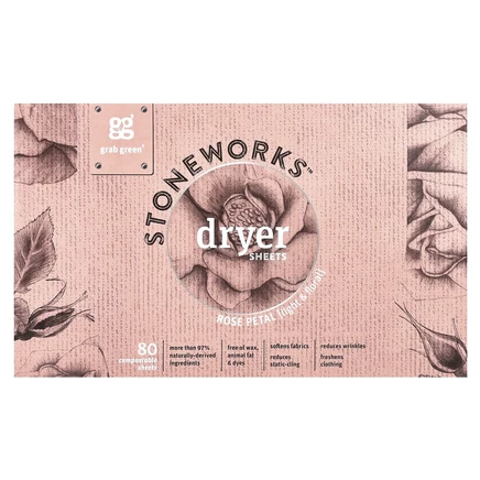 Grab Green, Stoneworks, салфетки для сушки, лепестки роз, 80 компостируемых листов