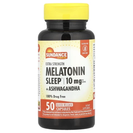 Sundance Vitamins, Мелатонин для сна + ашваганда, дополнительная сила, 50 капсул быстрого высвобождения