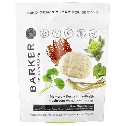 Barker Wellness Co, жевательные грибной адаптоген, со вкусом арбузного пунша, 60 жевательных таблеток