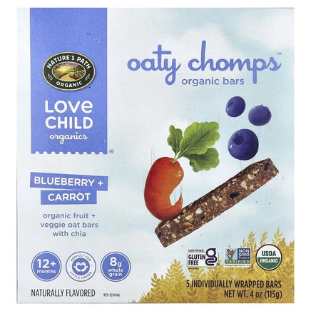 Love Child Organics, Oaty Chomps™, органические батончики, голубика и морковь, для детей от 12 месяцев, 5 батончиков в индивидуальной упаковке по 23 г (0,8 унции)