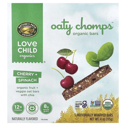 Love Child Organics, органические батончики Oaty Chomps™, для детей от 12 месяцев, вишня и шпинат, 5 батончиков в индивидуальной упаковке по 23 г (0,8 унции)