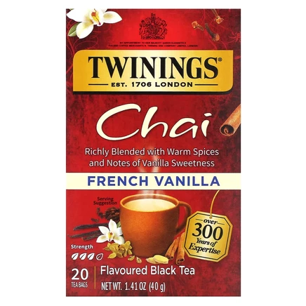 Twinings, ароматизированный черный чай, французская ваниль, 20 чайных пакетиков, 40 г (1,41 унции)
