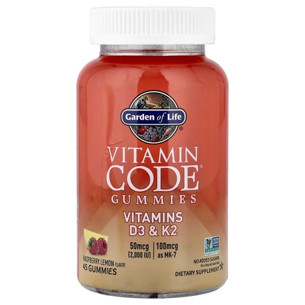 Garden of Life, Vitamin Code, жевательные таблетки, витамины D3 и K2, малина и лимон, 45 жевательных таблеток