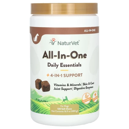 NaturVet, All-In-One Daily Essentials, добавка 4 в 1, для поддержки собак, 120 жевательных таблеток, 480 г (16,9 унции)