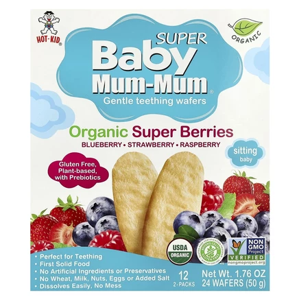 Hot Kid, Baby Mum и Mum Supper, вафли для защиты зубов, органические суперягоды, 12 пакетиков, по 2 шт.