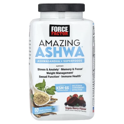 Force Factor, Amazing Ashwa, тройная ягода, 60 жевательных таблеток
