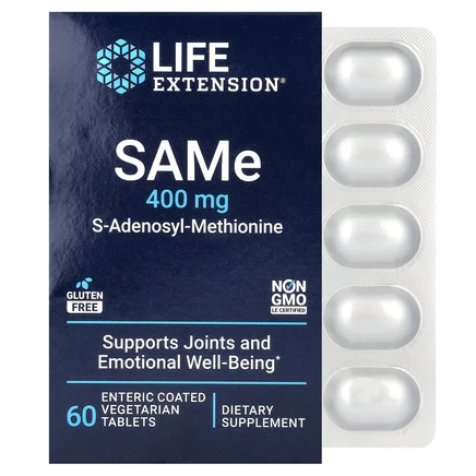 Life Extension, SAMe, S-аденозилметионин, 400 мг, 60 вегетарианских таблеток, покрытых кишечнорастворимой оболочкой