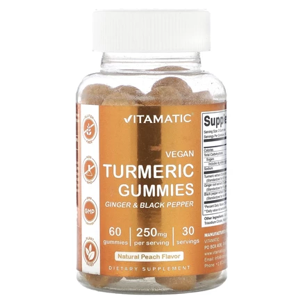 Vitamatic, веганские жевательные таблетки с куркумой, со вкусом натурального персика, 250 мг, 60 жевательных таблеток (125 мг в 1 жевательной таблетке)
