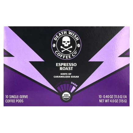 Death Wish Coffee, Порционные кофейные капсулы, обжарка эспрессо, темный, 10 капсул по 11,5 г (0,40 унции)