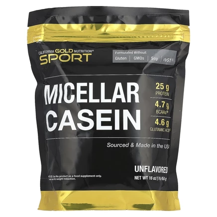 California Gold Nutrition, Sport, мицеллярный казеин, без добавок, медленное усвоение, 454 г (16 унций)