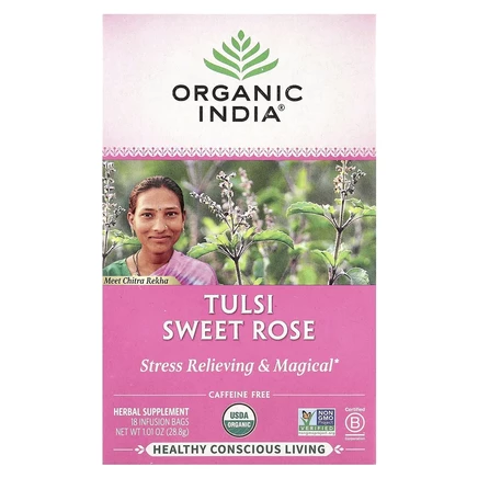 Organic India, чай с тулси, сладкая роза, без кофеина, 18 пакетиков, 28,8 г (1,01 унции)