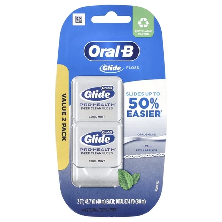 Oral-B, Glide, Pro-Health, зубная нить для глубокой очистки, прохладная мята, 2 упаковки, 43,7 ярда (40 м) каждый