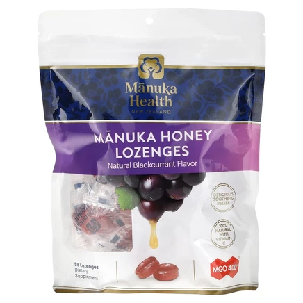 Manuka Health, Леденцы с медом Manuka, натуральная черная смородина, MGO 400+, 58 леденцов