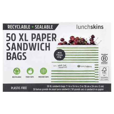 Lunchskins, бумажные пакеты для сэндвичей, размер XL, с полоской для закрывания, 50 шт.