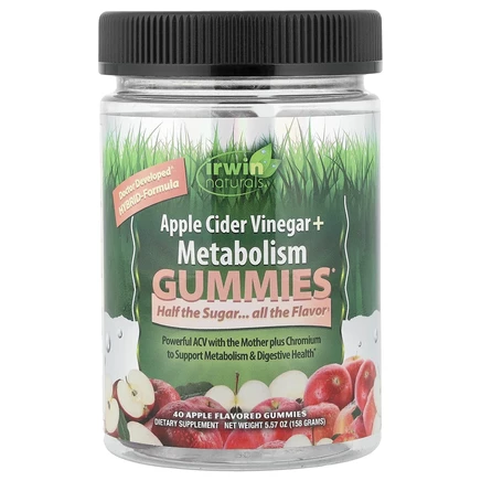 Irwin Naturals, яблочный уксус + жевательные таблетки для поддержания метаболизма, со вкусом яблока, 40 жевательных таблеток (500 мг в 1 таблетке)