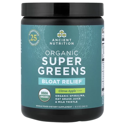 Ancient Nutrition, Organic Super Greens, средство от вздутия живота, цитрус и яблоко, 242 г (8,5 унции)
