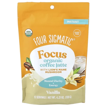 Four Sigmatic, Focus, органический растворимый кофе латте с ежовиком гребенчатым, ваниль, 120 г (4,23 унции)