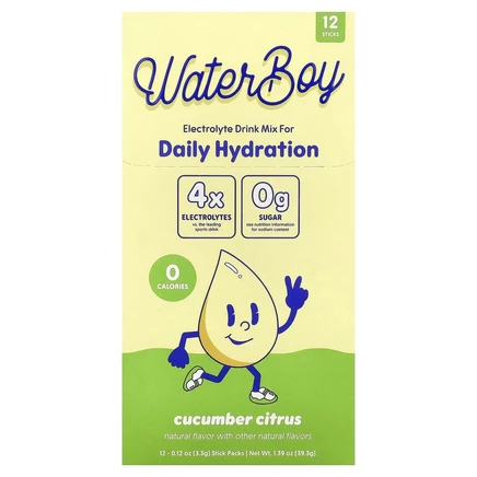 Waterboy, Daily Hydration, смесь для приготовления электролитического напитка, огурец и цитрус, 12 пакетиков по 3,3 г (0,12 унции)