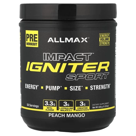 ALLMAX, IMPACT Igniter Sport, перед тренировкой, персик и манго, 320 г (11,29 унции)