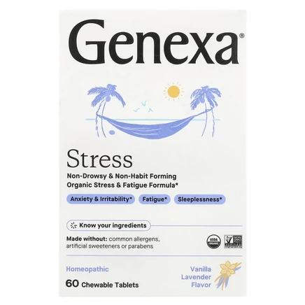 Genexa, Stress, органическая формула для снятия стресса и усталости, органические ваниль и лаванда, 60 жевательных таблеток