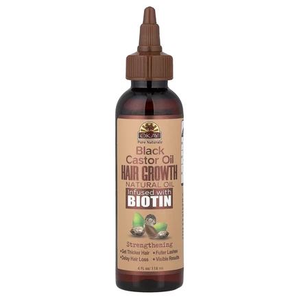 Okay Pure Naturals, черное касторовое масло, натуральное масло для роста волос с биотином, 118 мл (4 жидк. унции)