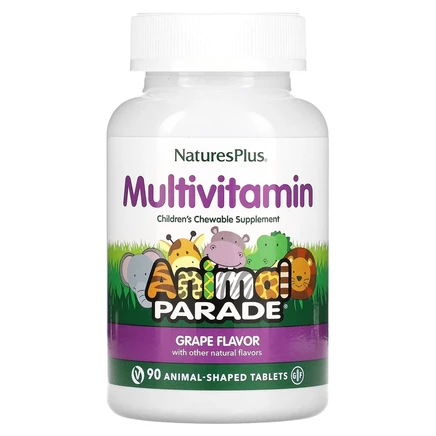 NaturesPlus, Source of Life, Animal Parade, жевательные мультивитамины с микроэлементами для детей, со вкусом винограда, 90 таблеток в форме животных
