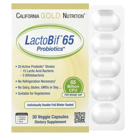 California Gold Nutrition, LactoBif 65, пробиотики, 65 млрд КОЕ, 30 вегетарианских капсул