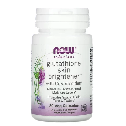 NOW Foods, Solutions, Glutathione Skin Brightene, осветляющее средство для кожи с глутатионом, 30 вегетарианских капсул