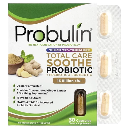 Probulin, Total Care Soothe пробиотик + пребиотик и постбиотик, 15 млрд КОЕ, 30 капсул